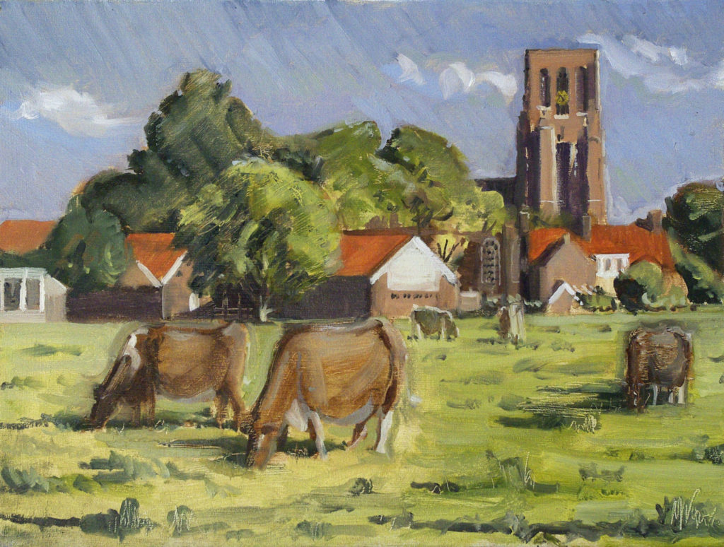 Cows and tower of Ransdorp - oil on canvas - 30 * 40 cm