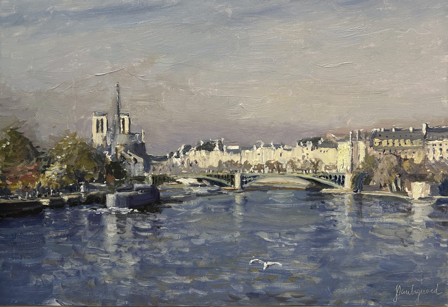 Vue sur Notre-Dame depuis le pont d'Austerlitz, huile sur panneau, 24cm*35cm